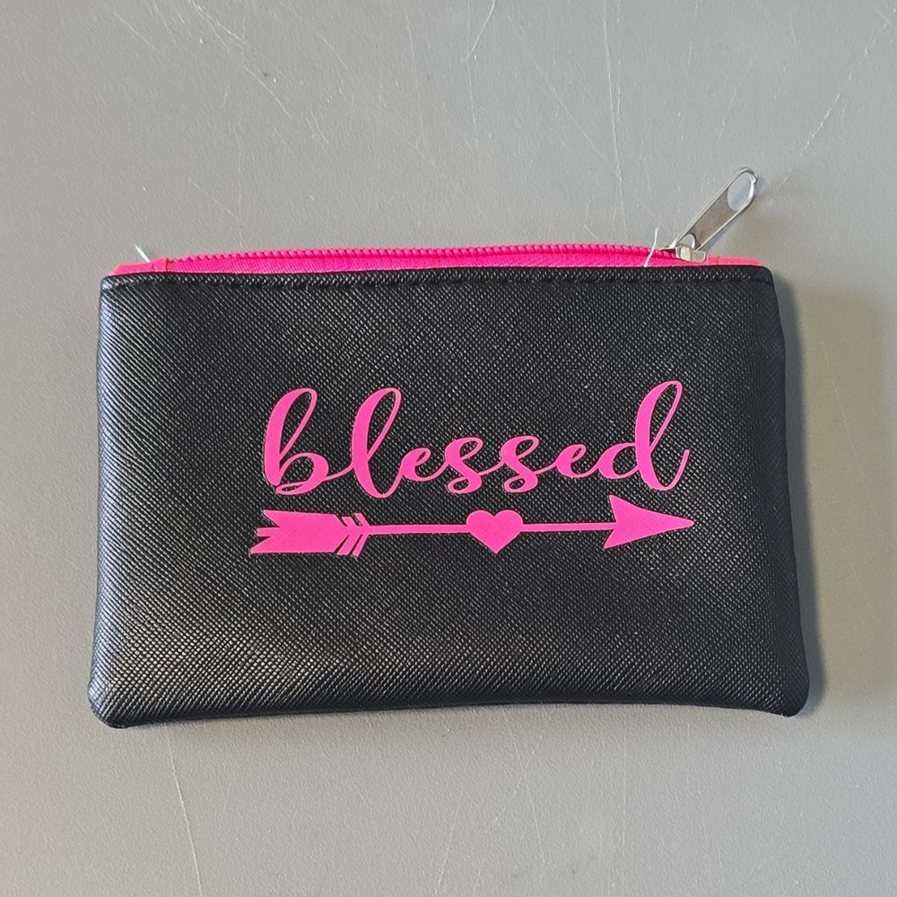 Black Pink Zipper Makeup Bag Pouch "blessed" Arrow Heart Print 7x4 in